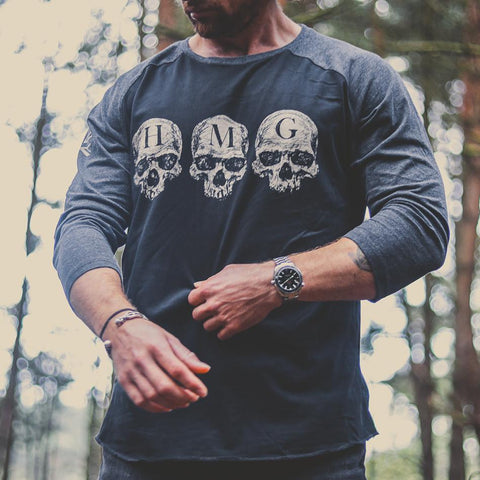 Category Image for HMG Clothing long sleeve T-shirts - pictured is the HMG Baseball t-shirt (Charcoal/grey) being worn.