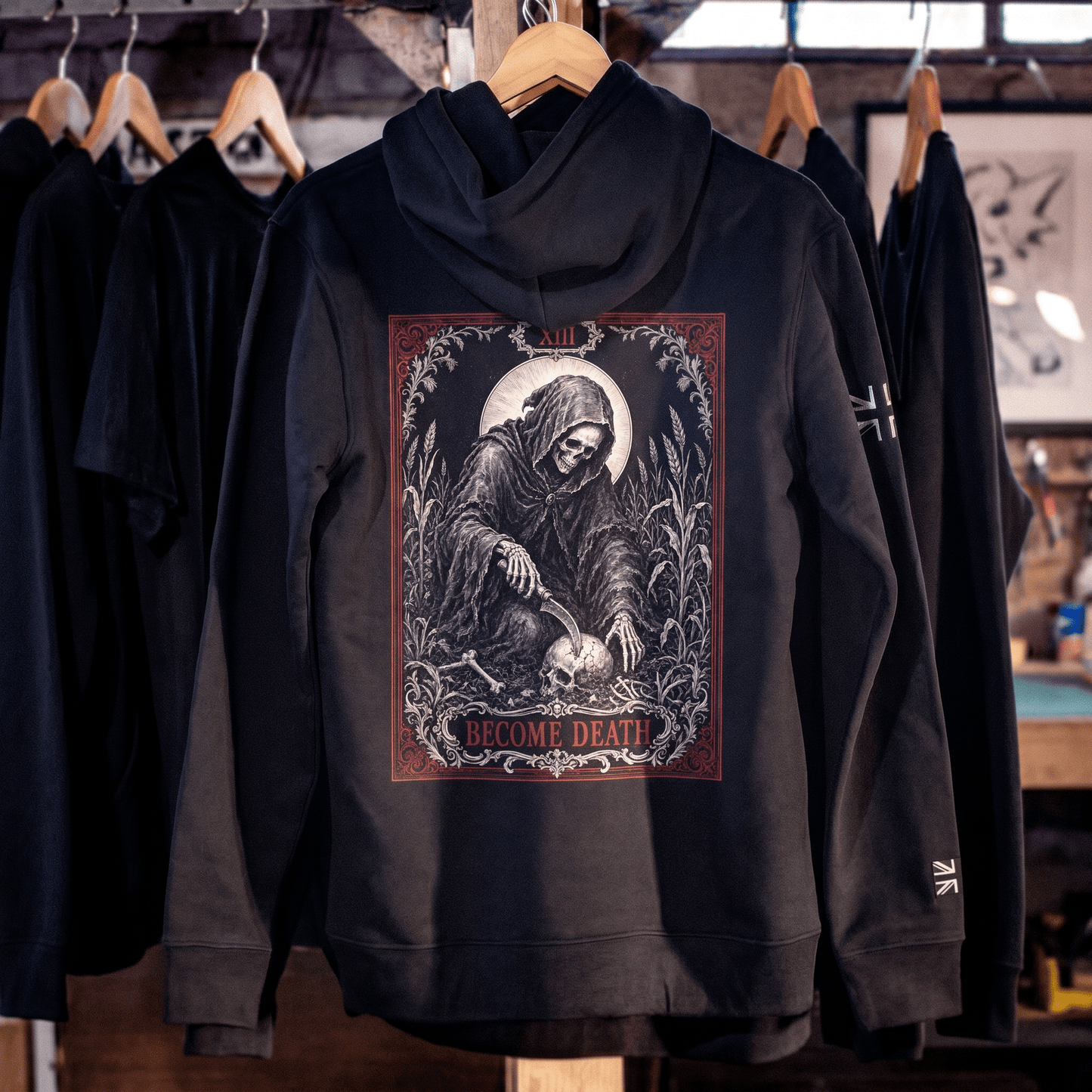 Become Death Hoodie heavyweight military hoodie with black Union Jack sleeve — veteran-owned British military apparel