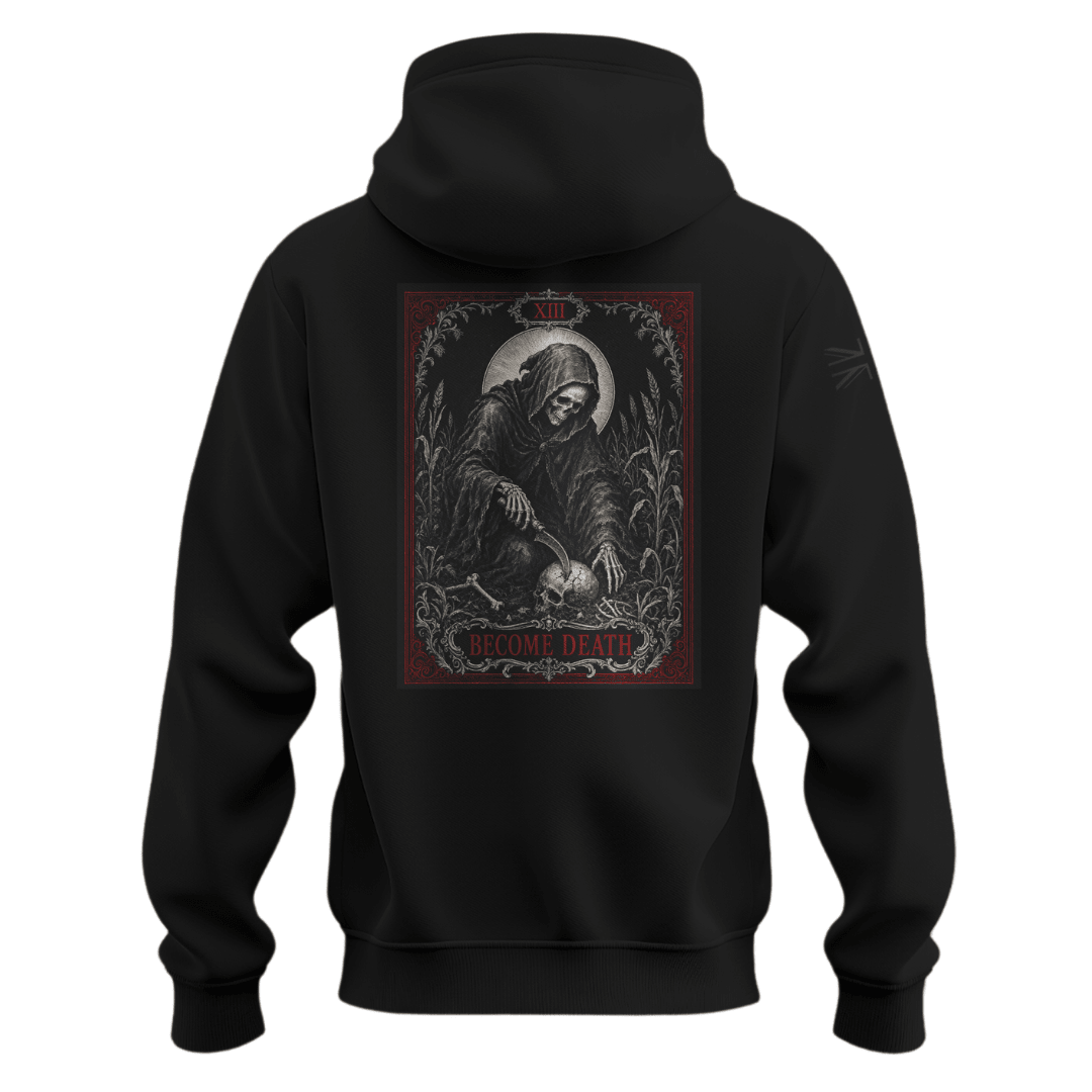 Become Death Hoodie heavyweight military hoodie with black Union Jack sleeve — veteran-owned British military apparel