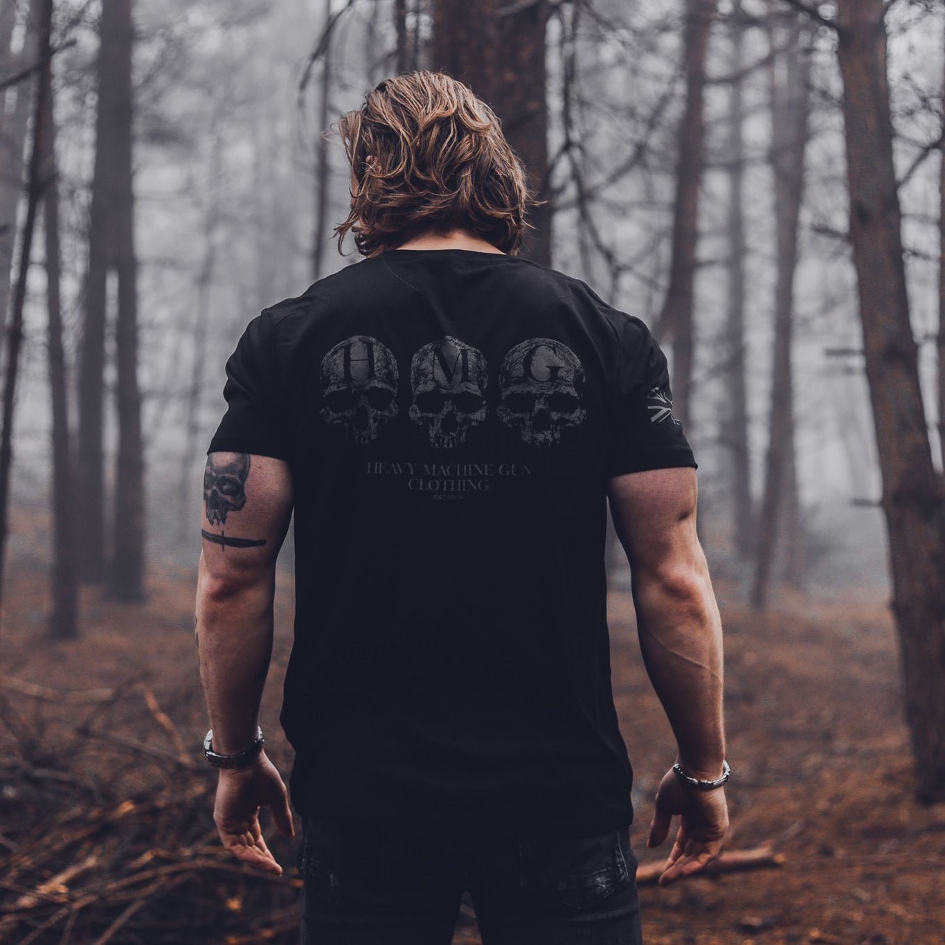 HMG T-Shirt British military tee with triple skull graphic and Union Jack — veteran-owned British military apparel