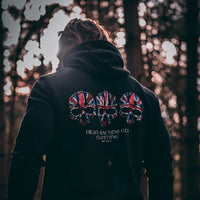 HMG Union Jack Hoodie tactical military hoodie with three Union Jack skulls — veteran-owned British military apparel