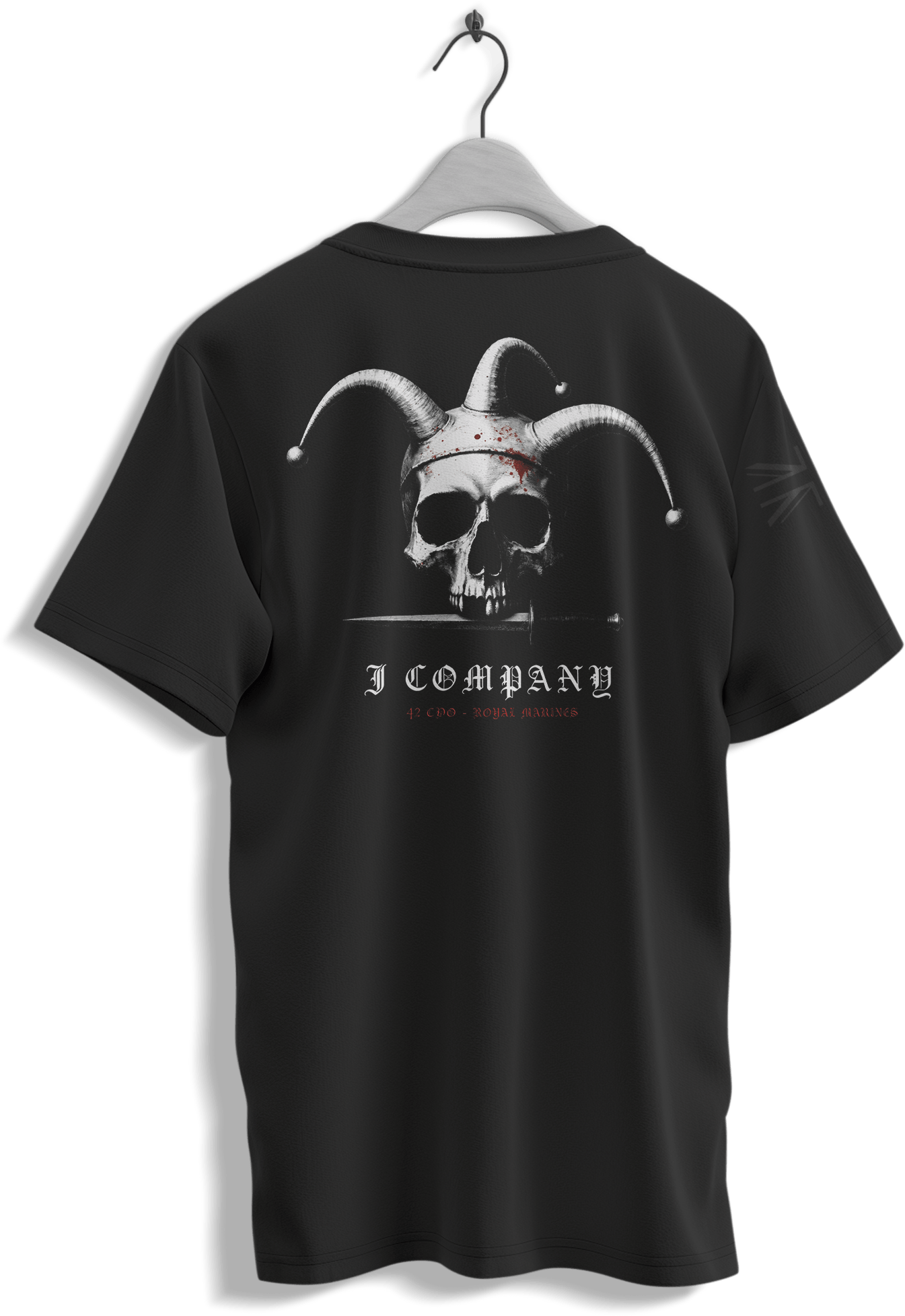J Coy Jester T-Shirt black tactical tee with 42 Commando jester skull graphic — veteran-owned British military apparel