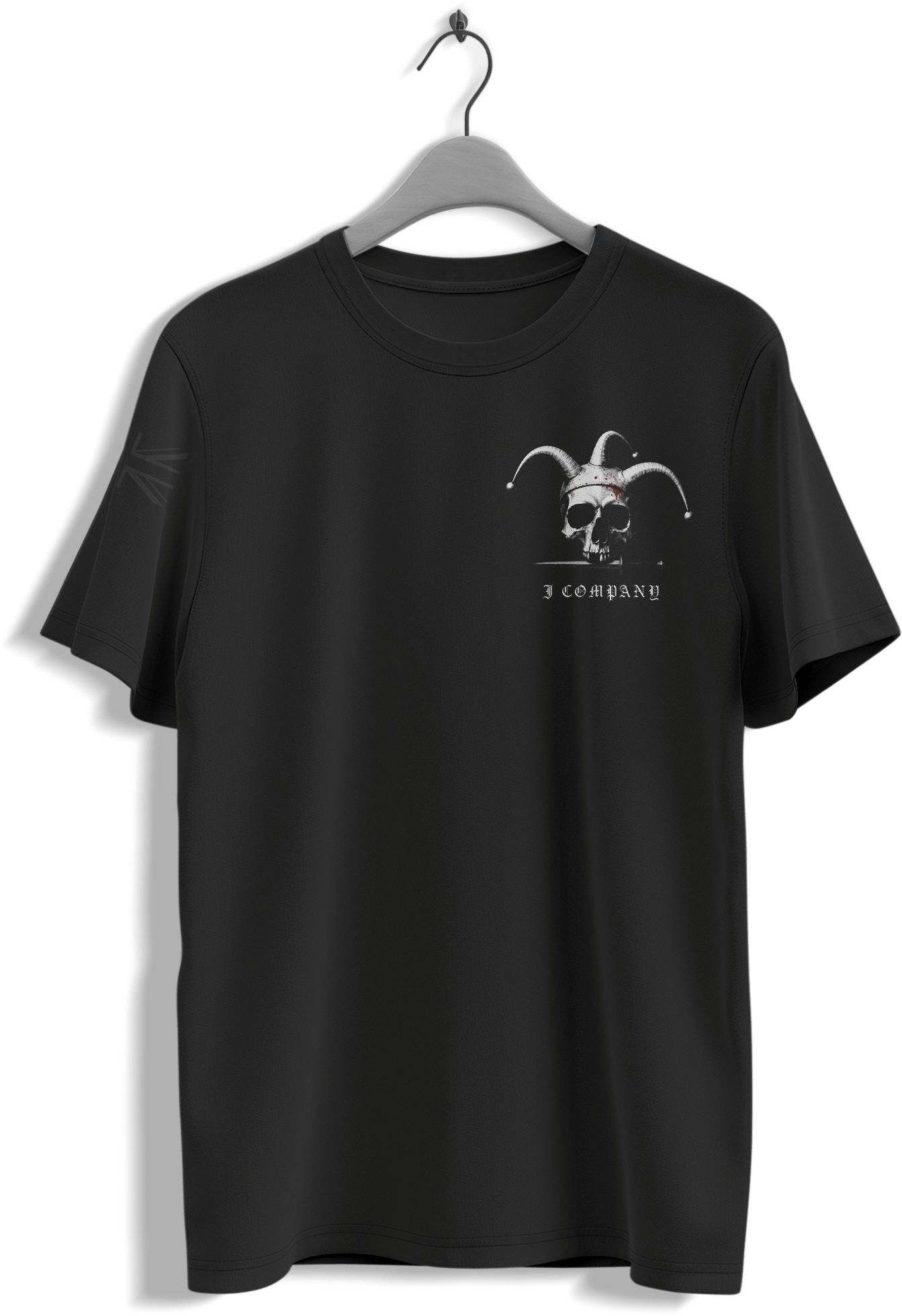 J Coy Jester T-Shirt black tactical tee with 42 Commando jester skull graphic — veteran-owned British military apparel