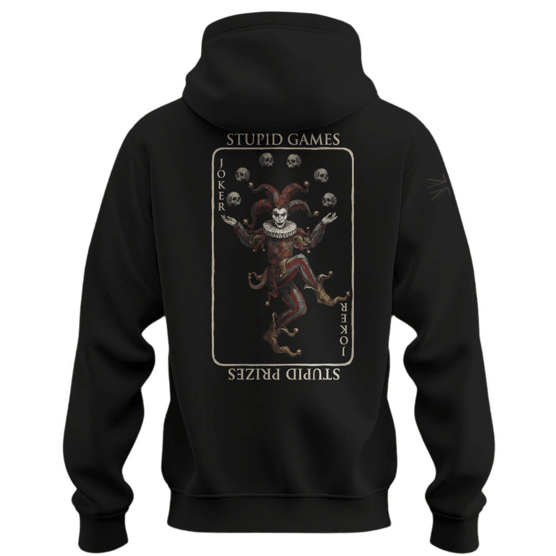 Stupid Games Hoodie tactical military hoodie with Joker card graphic — veteran-owned British military apparel
