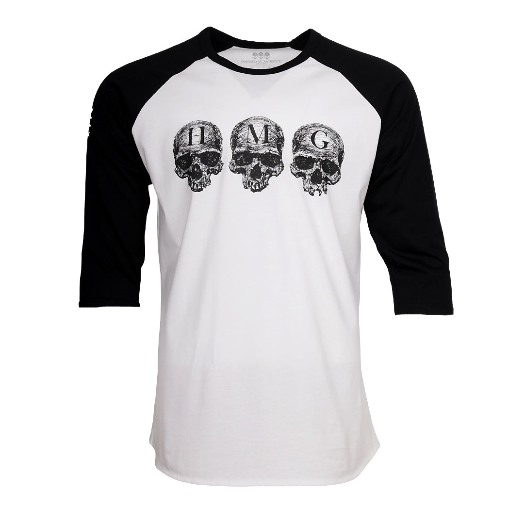 
                  
                    Front of HMG Baseball T-shirt (White/Black).
                  
                
